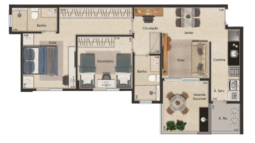 Planta 2 Dormitórios - 77m²