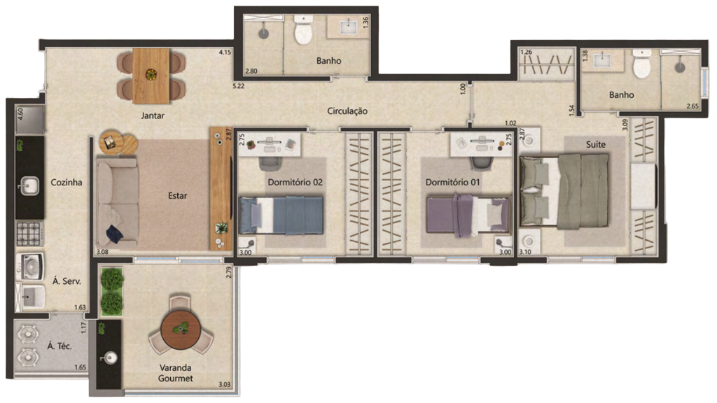 Planta 3 Dormitórios - 87m²